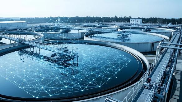 Futuristic water purification plant with advanced network technology illustration for environment