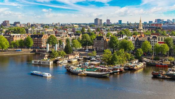 Panoramic aerial view of Amsterdam in a beautiful summer day, The Netherlands