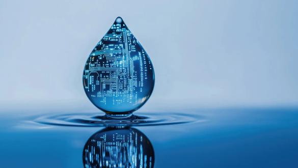 A water droplet reflecting a circuit board, symbolizing technology's impact on water resources.