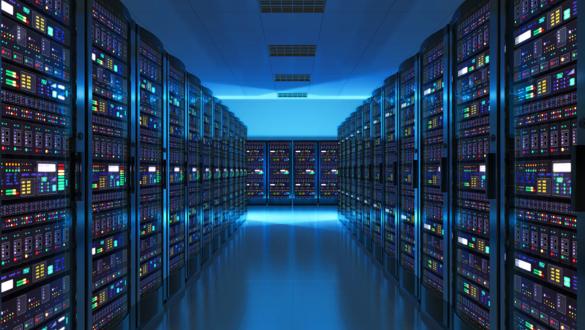 Modern web network and internet telecommunication technology, big data storage and cloud computing computer service business concept: server room interior in datacenter in blue light