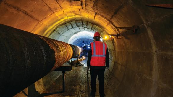 Tunnel worker examines pipeline in underground tunnel.
WebDAM Path: /Photography & Illustration/Stock Photography/Miscellaneous
Model Released (MR)