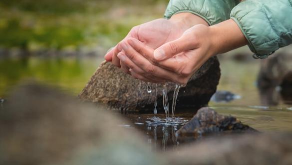Close-up of water drops falling from female hands into a stream. The hand touches fresh water. A tourist drinks water from a reservoir in the mountains in summer on a sunny day