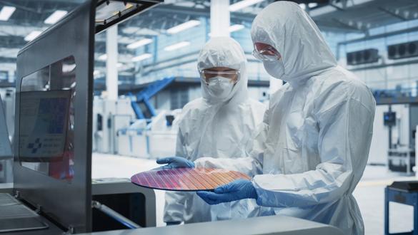 Semiconductor Production:  Technicians Taking Out Silicon Wafer From Soldering Jet Printer And Inspecting It.