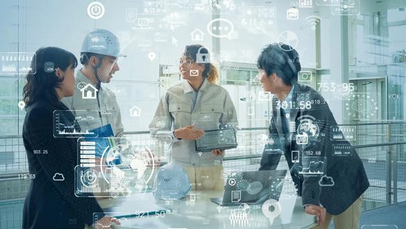 Multinational engineers meeting and technology concept