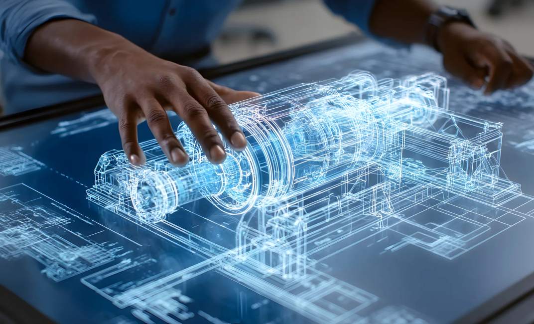 Interactive blueprint on screen showcases engineering progress through digital collaboration and advanced design