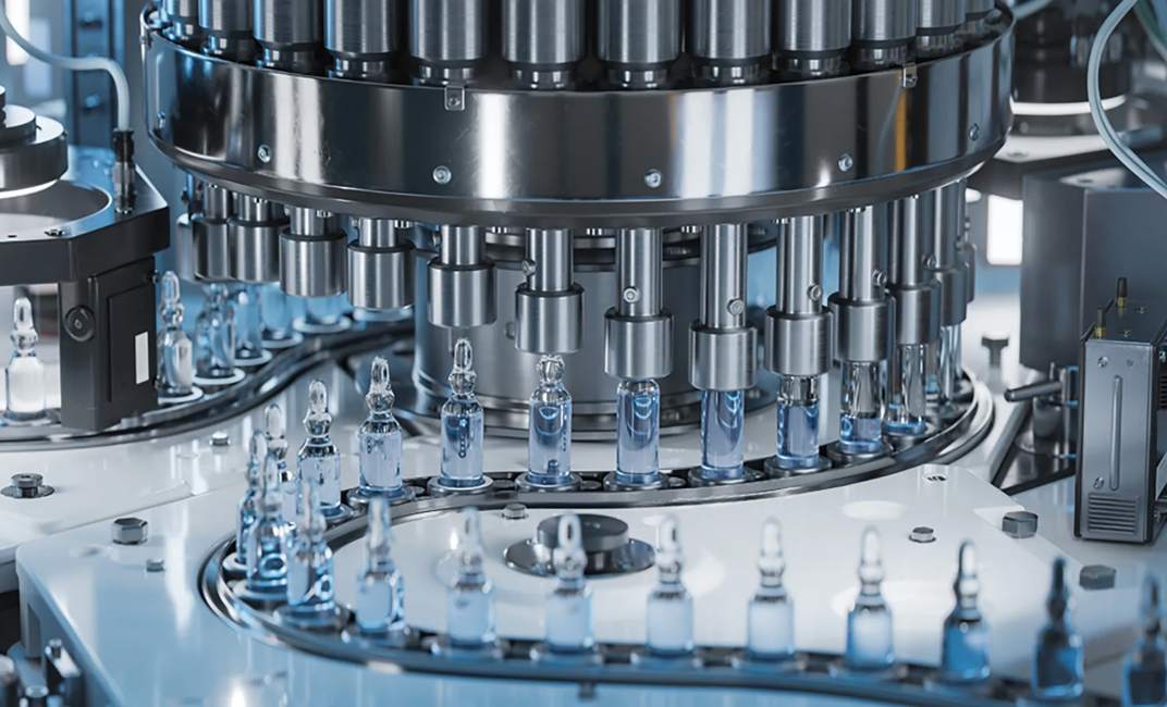 Medical Ampoule Production Line at Modern Modern Pharmaceutical Factory. Glass Ampoules are being Filled. Medication Manufacturing Process.; Shutterstock ID 2229913173; purchase_order: N/A; job: MemGEN landing page; client: ; other: 