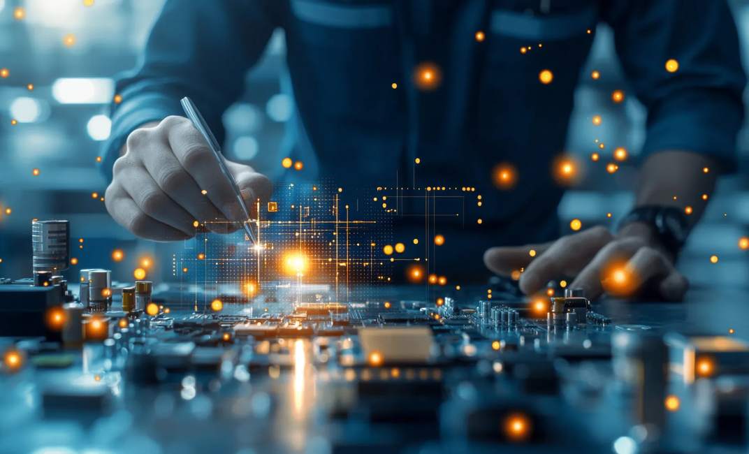 Innovative technology development engineering lab digital creation high-tech workspace close-up view futuristic science exploration