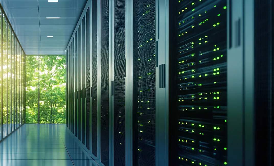 A smart data center using green energy for sustainable IT reliability.