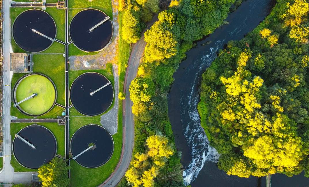 Water treatment plant. Recycling plant top view; Shutterstock ID 2258078025; purchase_order:Not applicable; job:; client:Xylem; other: