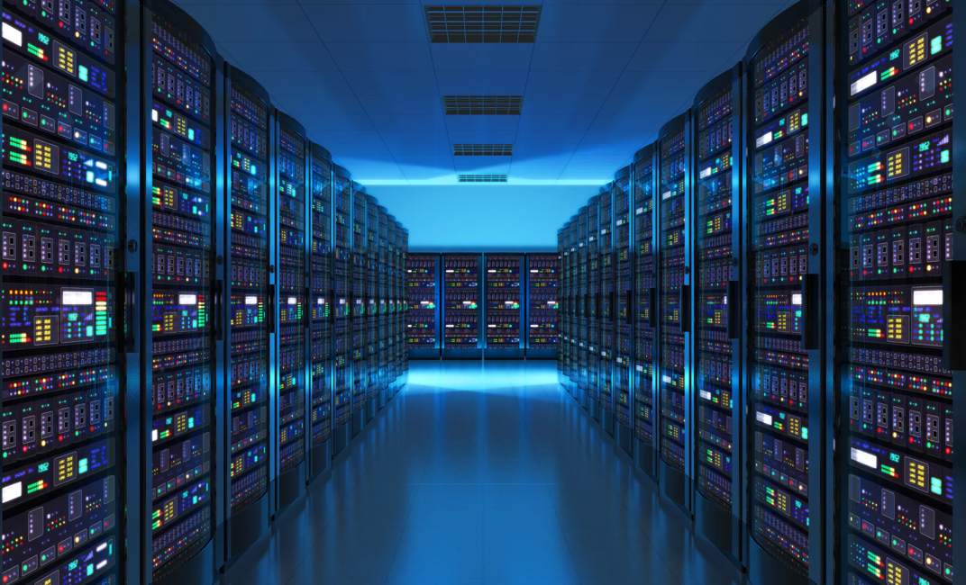 Modern web network and internet telecommunication technology, big data storage and cloud computing computer service business concept: server room interior in datacenter in blue light