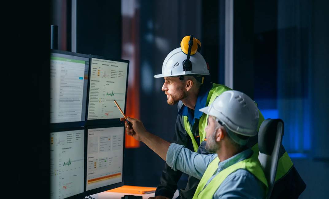 Group of operators control process on product line uses industry 4.0 and digital technology on modern factory. Two engineers follow assembly process uses SCADA system which AI technology and UI 


| Used as cover photo for sustainability brochure