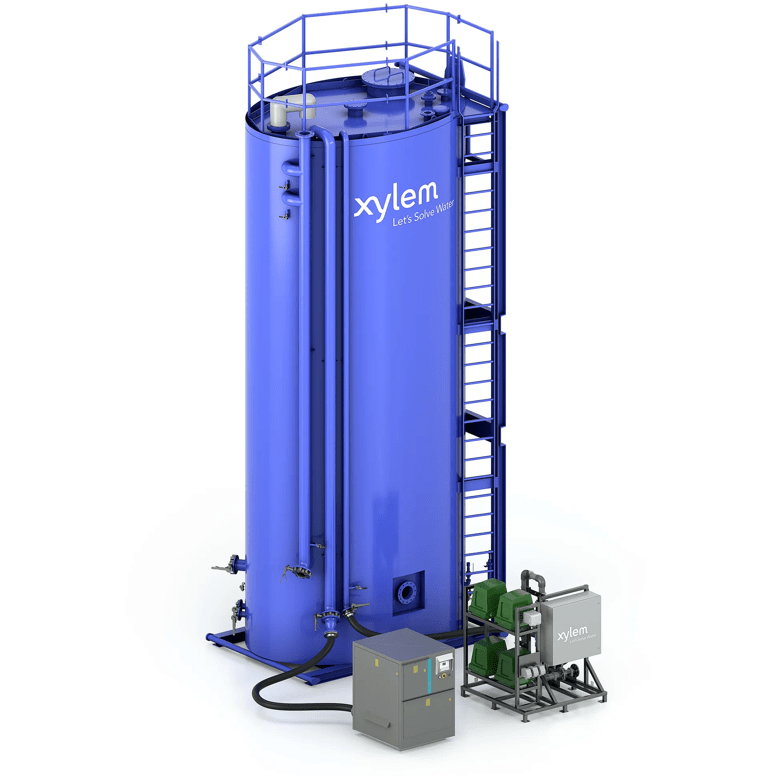 This is a high-resolution rendering of Xylem's Moving Bed Biofilm Reactor (MBBR) for biological wastewater treatment.